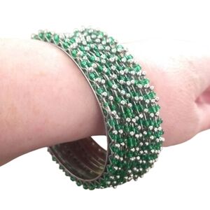 BOHO Silver & Green Ten Stud Stone Wired Bangle Bracelets